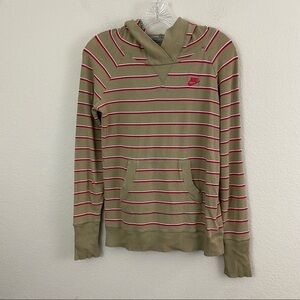Nike Olive Long Sleeve Hoodie Tee Shirt Wine & White Stripes Kangaroo Pocket Med